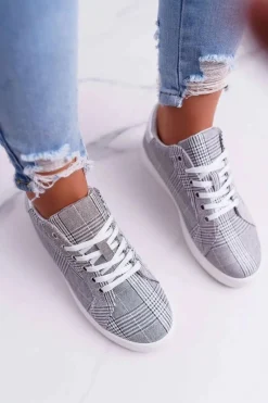 New Damskie Trampki W Kratkę Brokat Szare Bellisa Damskie Trampki Damskie Niskie