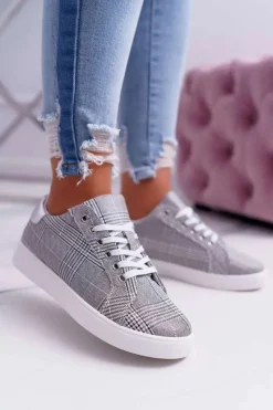 New Damskie Trampki W Kratkę Brokat Szare Bellisa Damskie Trampki Damskie Niskie