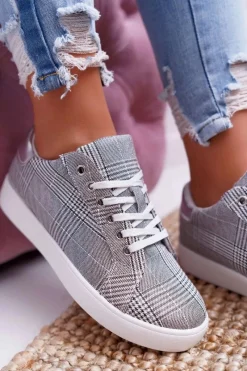 New Damskie Trampki W Kratkę Brokat Szare Bellisa Damskie Trampki Damskie Niskie