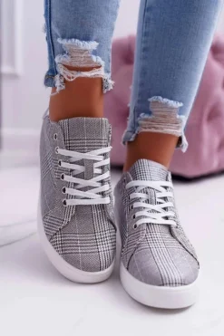 New Damskie Trampki W Kratkę Brokat Szare Bellisa Damskie Trampki Damskie Niskie