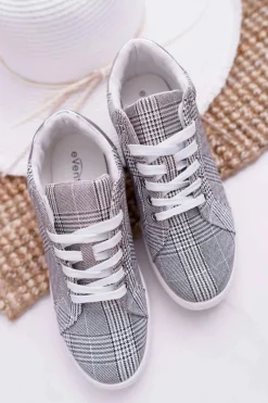 New Damskie Trampki W Kratkę Brokat Szare Bellisa Damskie Trampki Damskie Niskie