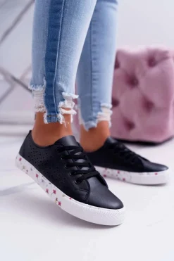 Trampki Damskie Niskie>Boto Damskie Trampki W Kwiaty Ażurowe Czarne Loriann