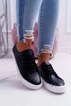 Trampki Damskie Niskie></noscript>Boto Damskie Trampki W Kwiaty Ażurowe Czarne Loriann