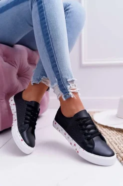 Trampki Damskie Niskie></noscript>Boto Damskie Trampki W Kwiaty Ażurowe Czarne Loriann