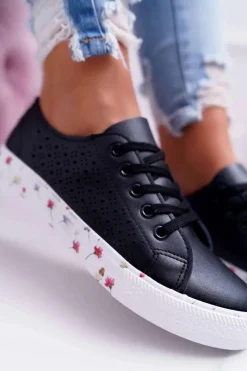 Trampki Damskie Niskie></noscript>Boto Damskie Trampki W Kwiaty Ażurowe Czarne Loriann