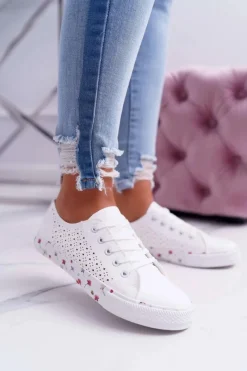 Outlet Boto Damskie Trampki W Kwiaty Ażurowe Białe Loriann
