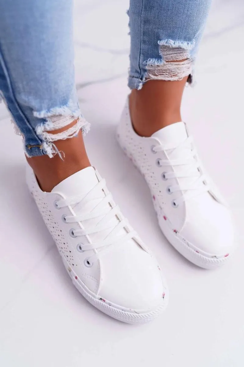 Outlet Boto Damskie Trampki W Kwiaty Ażurowe Białe Loriann