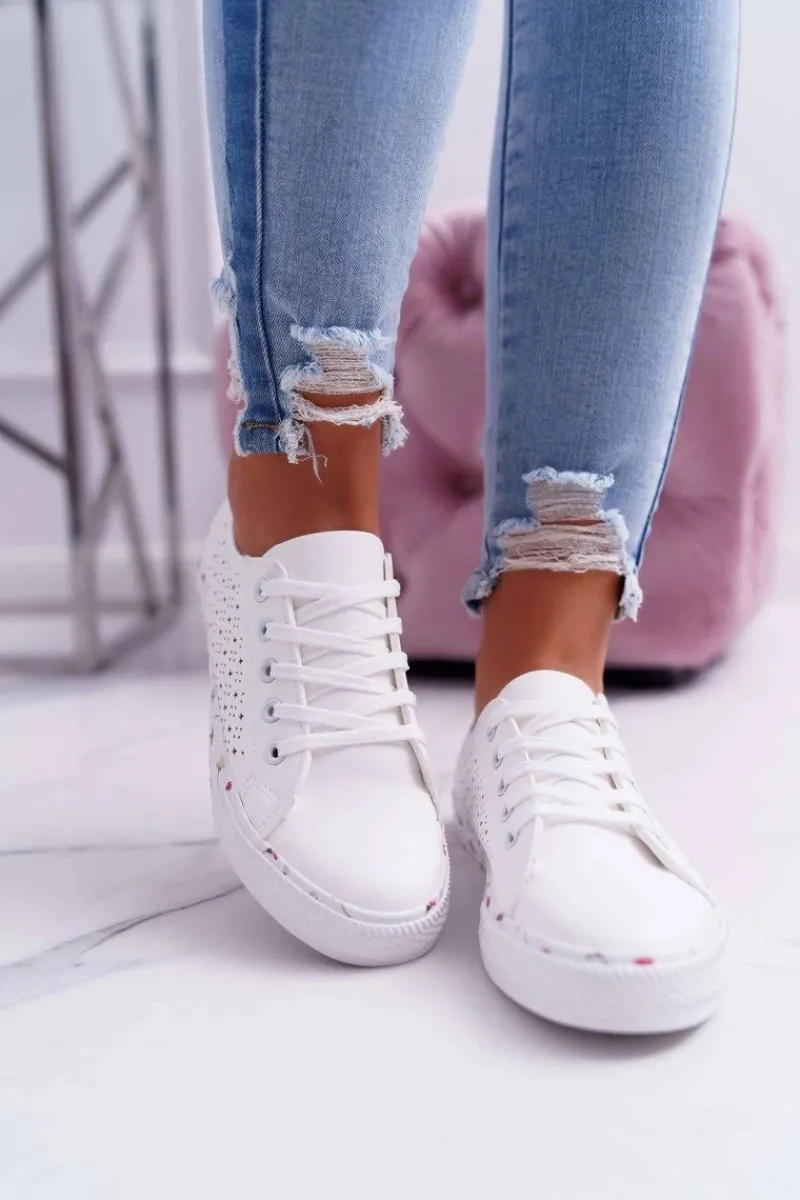 Outlet Boto Damskie Trampki W Kwiaty Ażurowe Białe Loriann