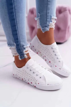 Outlet Boto Damskie Trampki W Kwiaty Ażurowe Białe Loriann