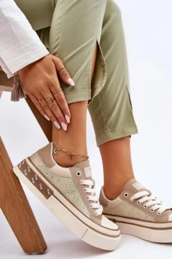 Outlet GOE Damskie Trampki Z Dżetami LL2N4055 Beżowe