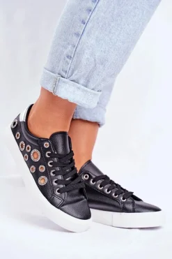 Trampki Damskie Niskie>Boto Damskie Trampki Z Dziurami i Cyrkoniami Czarne Roxas