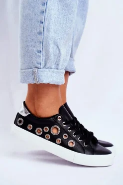 Trampki Damskie Niskie></noscript>Boto Damskie Trampki Z Dziurami i Cyrkoniami Czarne Roxas