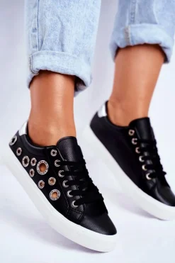 Trampki Damskie Niskie></noscript>Boto Damskie Trampki Z Dziurami i Cyrkoniami Czarne Roxas