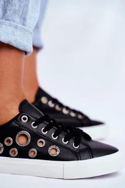 Trampki Damskie Niskie></noscript>Boto Damskie Trampki Z Dziurami i Cyrkoniami Czarne Roxas