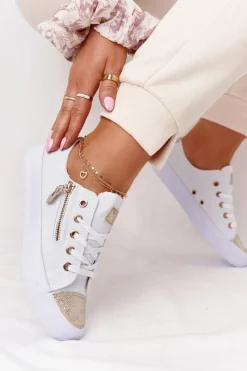 Trampki Damskie Niskie>Boto Damskie Trampki Z Suwakiem Biało-Złote Festival