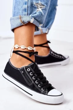 Trampki Damskie Niskie></noscript>Boto Damskie Trampki Z Suwakiem Czarne Malani