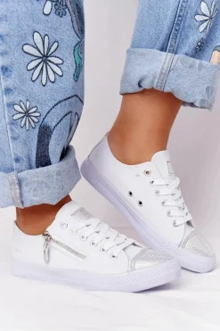 Outlet Boto Damskie Trampki Z Suwakiem Biało-Srebrne Festival