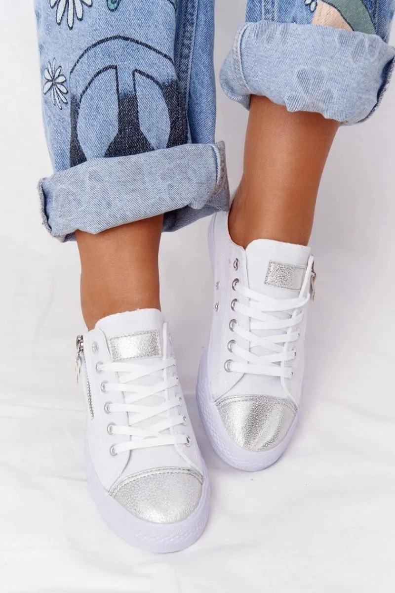 Outlet Boto Damskie Trampki Z Suwakiem Biało-Srebrne Festival