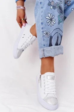 Outlet Boto Damskie Trampki Z Suwakiem Biało-Srebrne Festival