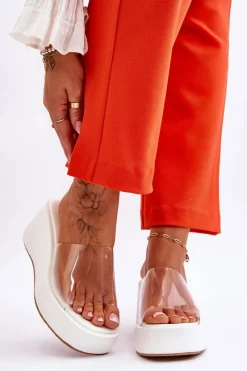 Best Boto Damskie Transparentne Klapki Na Koturnie Białe Eliane