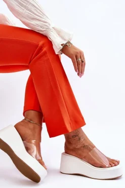 Best Boto Damskie Transparentne Klapki Na Koturnie Białe Eliane