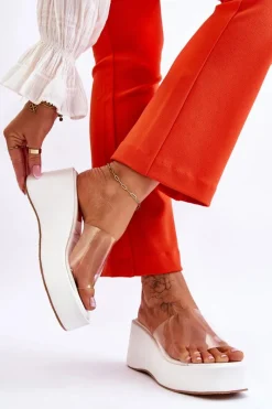 Best Boto Damskie Transparentne Klapki Na Koturnie Białe Eliane