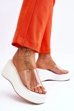 Best Boto Damskie Transparentne Klapki Na Koturnie Białe Eliane