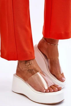 Best Boto Damskie Transparentne Klapki Na Koturnie Białe Eliane