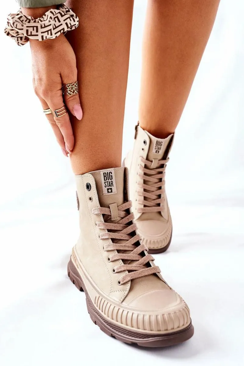 Best Damskie Trapery Big Star II274349 Beżowe Damskie Damskie Trapery|Botki Sznurowane