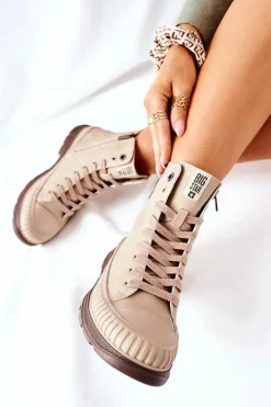 Best Damskie Trapery Big Star II274349 Beżowe Damskie Damskie Trapery|Botki Sznurowane