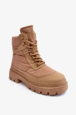 Damskie Trapery|Botki Sznurowane>Big Star Shoes Damskie Trapery Botki Ocieplane Na Platformie I Płaskim Obcasie Big Star MM274340 Beżowe