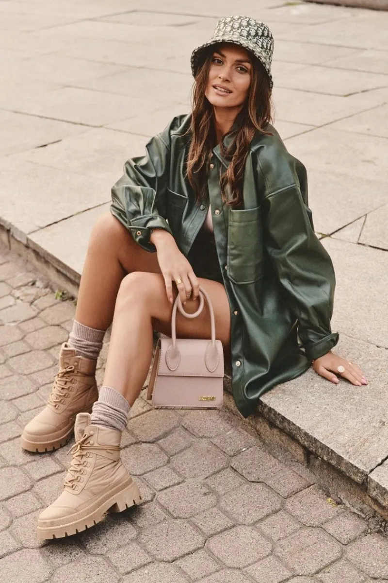 Damskie Trapery|Botki Sznurowane>Big Star Shoes Damskie Trapery Botki Ocieplane Na Platformie I Płaskim Obcasie Big Star MM274340 Beżowe