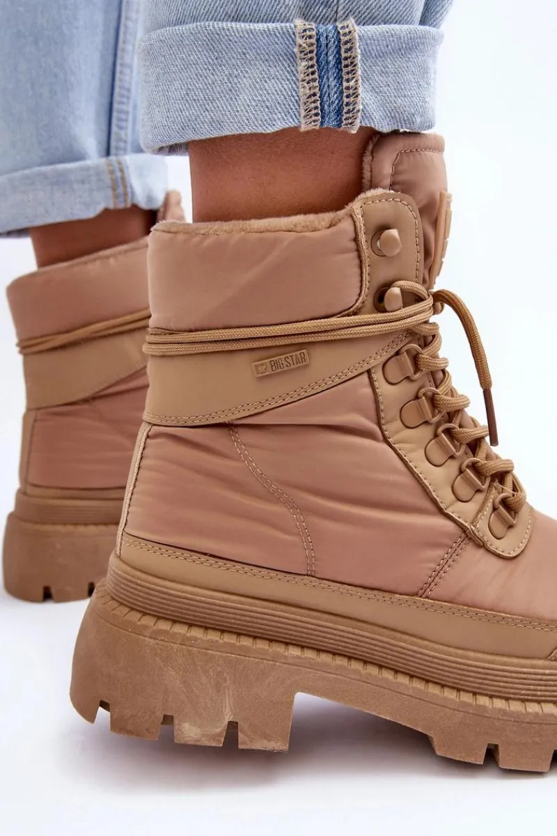 Damskie Trapery|Botki Sznurowane>Big Star Shoes Damskie Trapery Botki Ocieplane Na Platformie I Płaskim Obcasie Big Star MM274340 Beżowe