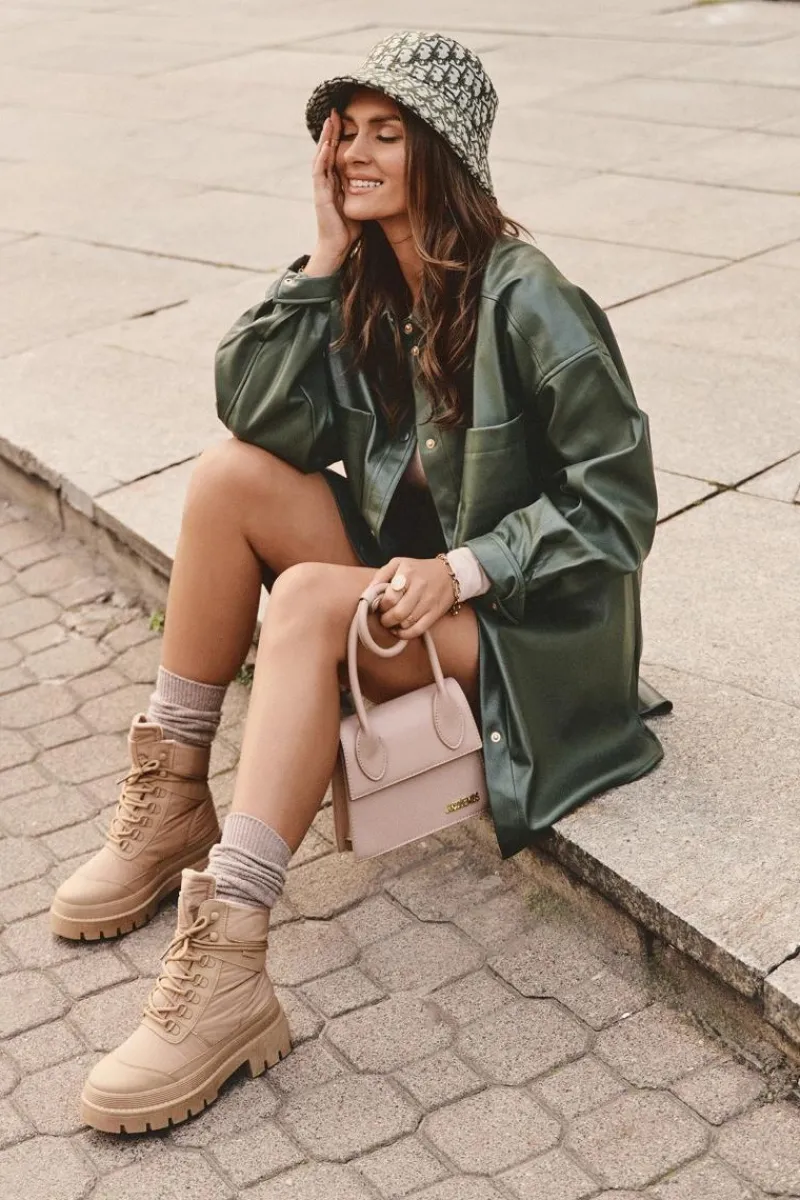 Damskie Trapery|Botki Sznurowane>Big Star Shoes Damskie Trapery Botki Ocieplane Na Platformie I Płaskim Obcasie Big Star MM274340 Beżowe