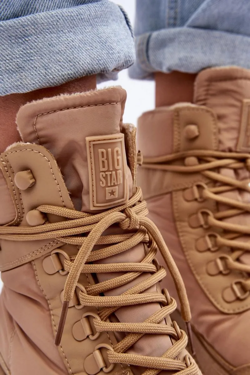 Damskie Trapery|Botki Sznurowane>Big Star Shoes Damskie Trapery Botki Ocieplane Na Platformie I Płaskim Obcasie Big Star MM274340 Beżowe
