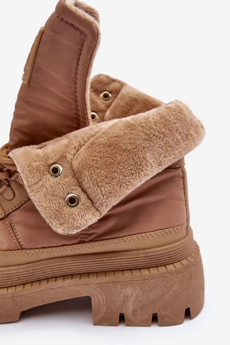 Damskie Trapery|Botki Sznurowane>Big Star Shoes Damskie Trapery Botki Ocieplane Na Platformie I Płaskim Obcasie Big Star MM274340 Beżowe