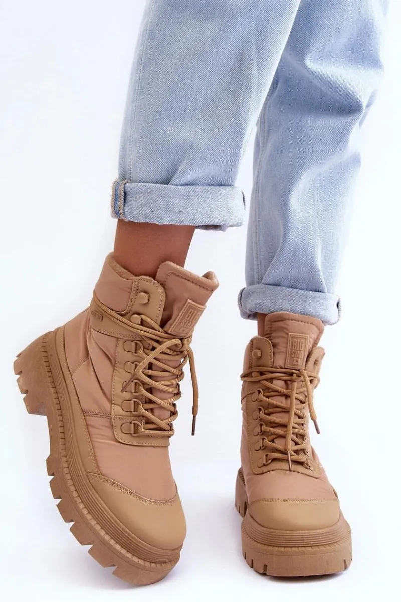 Damskie Trapery|Botki Sznurowane>Big Star Shoes Damskie Trapery Botki Ocieplane Na Platformie I Płaskim Obcasie Big Star MM274340 Beżowe