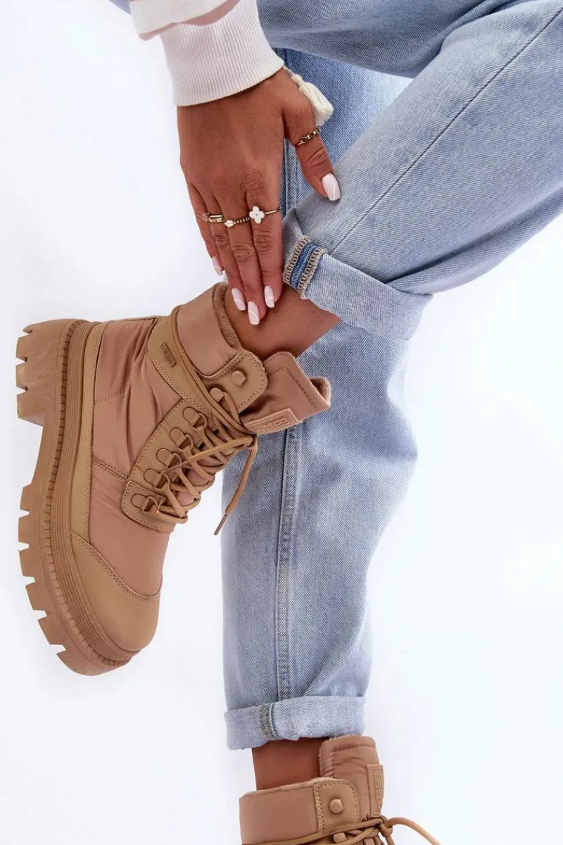 Damskie Trapery|Botki Sznurowane>Big Star Shoes Damskie Trapery Botki Ocieplane Na Platformie I Płaskim Obcasie Big Star MM274340 Beżowe