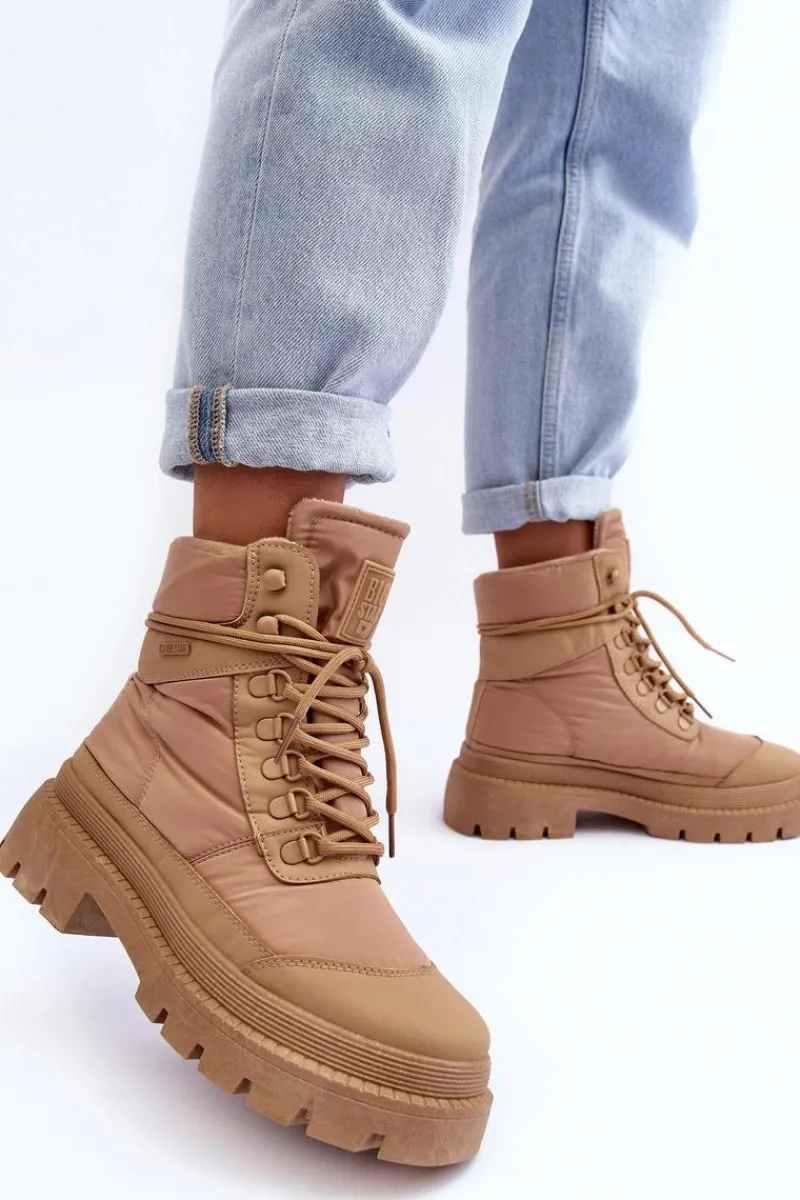 Damskie Trapery|Botki Sznurowane>Big Star Shoes Damskie Trapery Botki Ocieplane Na Platformie I Płaskim Obcasie Big Star MM274340 Beżowe