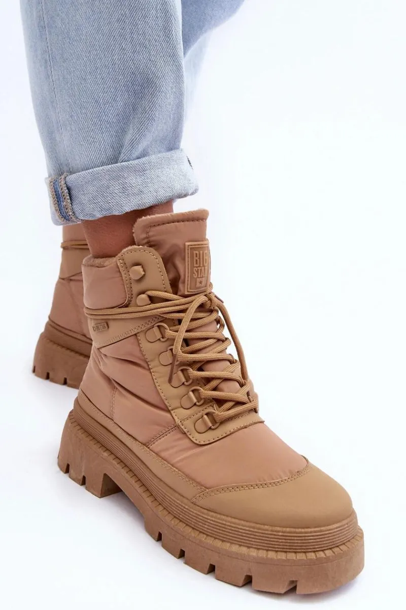Damskie Trapery|Botki Sznurowane>Big Star Shoes Damskie Trapery Botki Ocieplane Na Platformie I Płaskim Obcasie Big Star MM274340 Beżowe