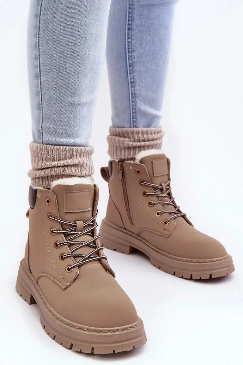 New Boto Damskie Trapery Ocieplane Futerkiem Ciemnobeżowe Fenan