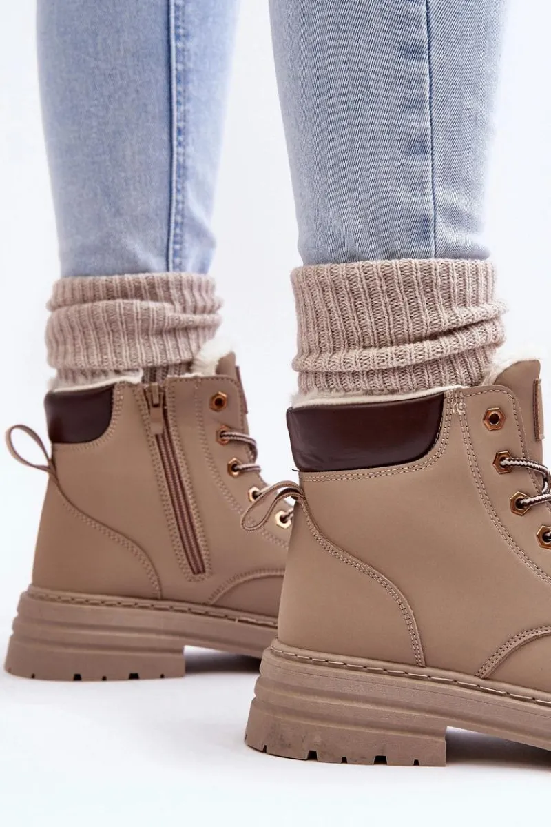 New Boto Damskie Trapery Ocieplane Futerkiem Ciemnobeżowe Fenan