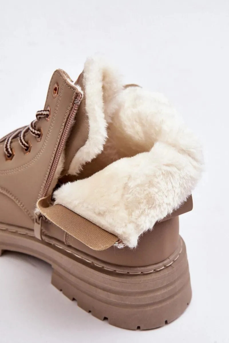 New Boto Damskie Trapery Ocieplane Futerkiem Ciemnobeżowe Fenan