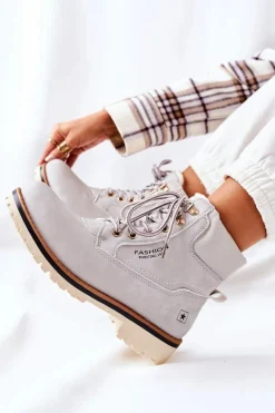 Online Damskie Trapery Timberki Z Ociepleniem Jasno Szare Tiempo Damskie Botki Ocieplane|Damskie Trapery