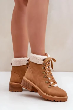 Damskie Trapery Z Kożuszkiem Na Niskim Obcasie Camel Brenneth Damskie Botki Ocieplane|Botki Sznurowane