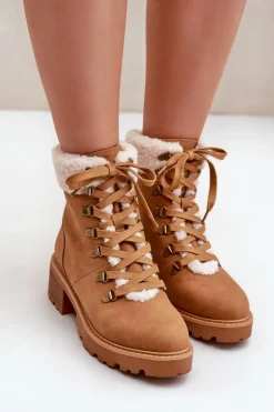 Damskie Trapery Z Kożuszkiem Na Niskim Obcasie Camel Brenneth Damskie Botki Ocieplane|Botki Sznurowane