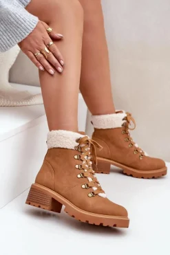 Damskie Trapery Z Kożuszkiem Na Niskim Obcasie Camel Brenneth Damskie Botki Ocieplane|Botki Sznurowane
