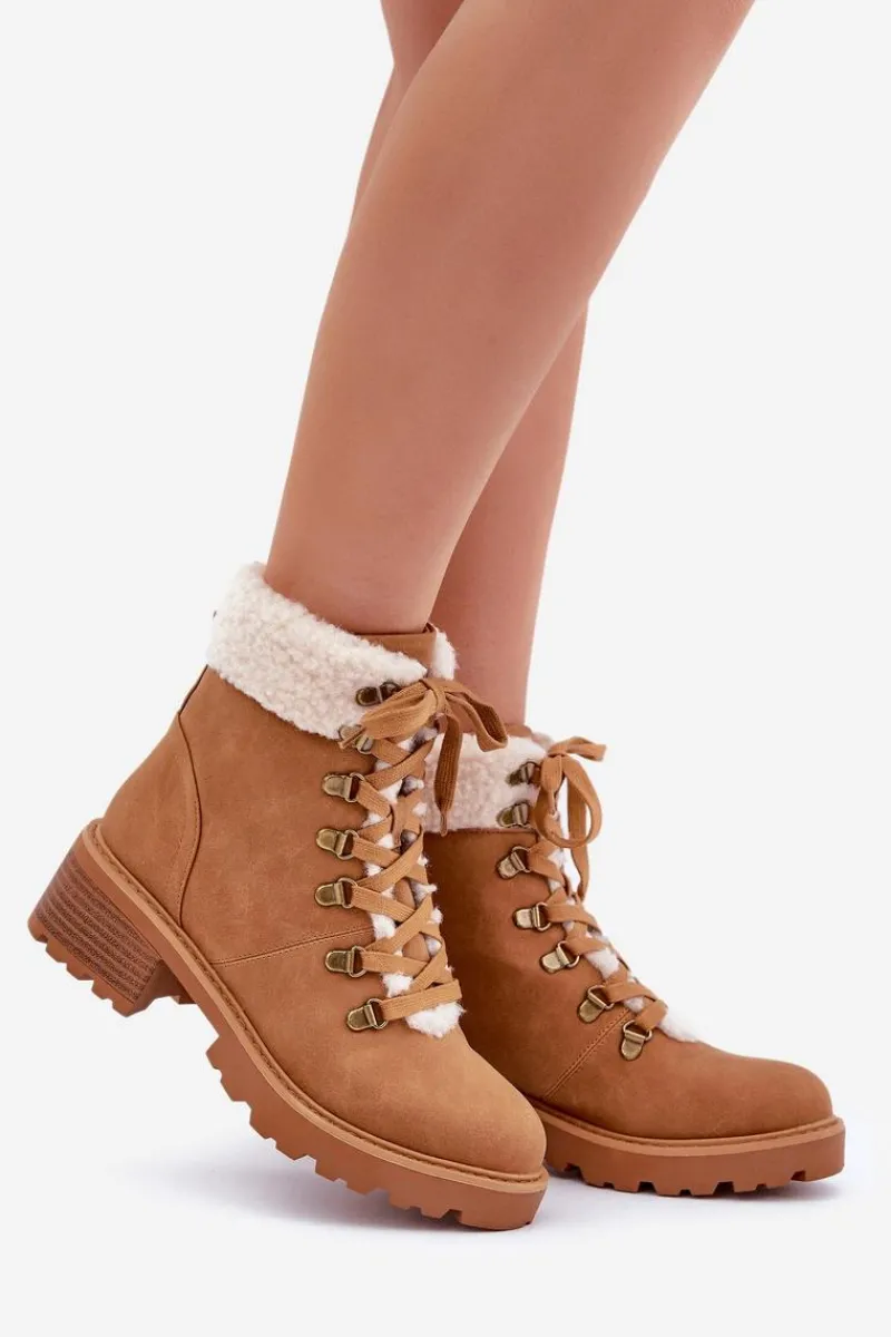 Damskie Trapery Z Kożuszkiem Na Niskim Obcasie Camel Brenneth Damskie Botki Ocieplane|Botki Sznurowane
