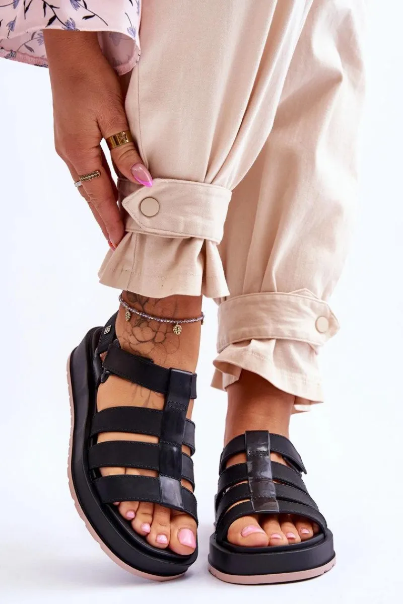 Online Damskie Wegańskie Sandały Na Rzepy JJ285017 Czarne Damskie Sandały Gumowe|Sandały Płaskie