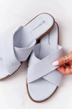 Klapki Damskie Klasyczne>Boto Damskie Welurowe Klapki Błękitne Edesa